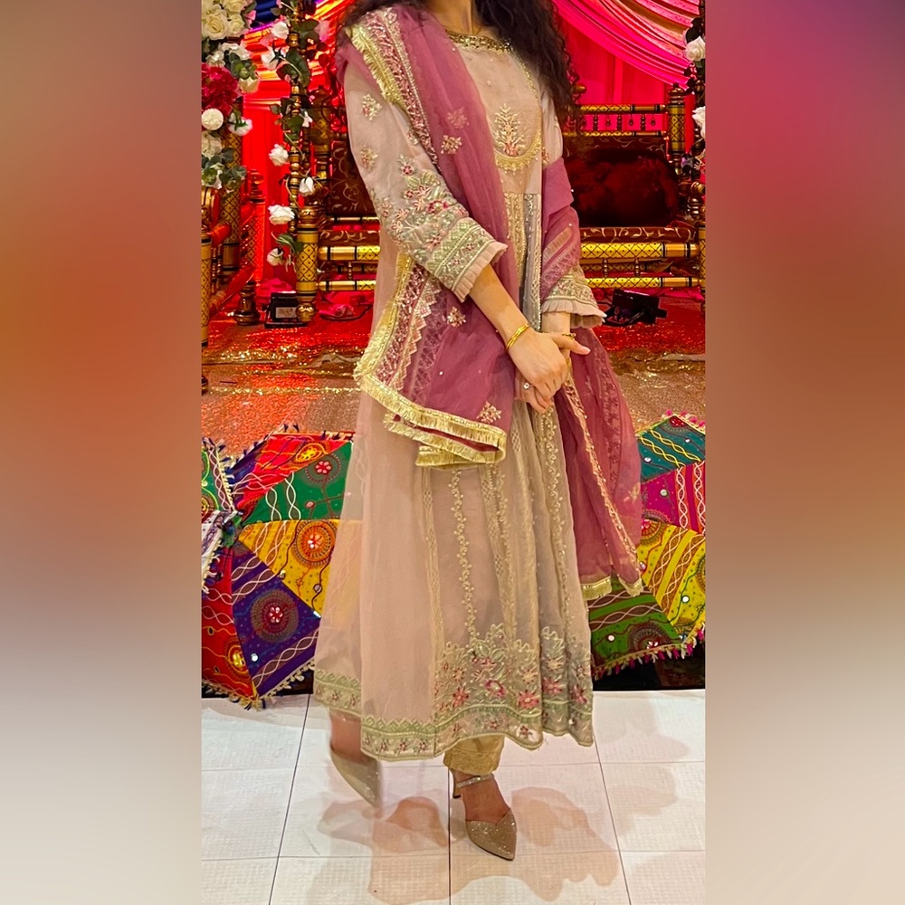 Mauve formal shalwar kameez with pink dupatta and floral embroidery